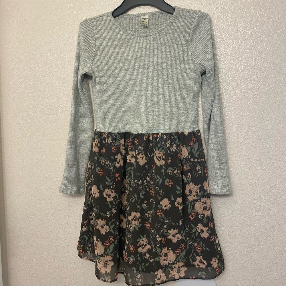 OshKosh gray cozy knit ribbed crew neck long sleeve sweater dress floral 14